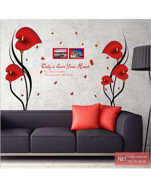 Наклейка вінілова на стіну червоні квіти з фоторамками та метеликами, зображення 1