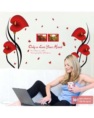 Наклейка вінілова на стіну червоні квіти з фоторамками та метеликами, зображення 2