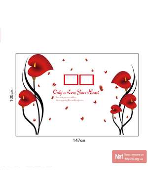 Наклейка вінілова на стіну червоні квіти з фоторамками та метеликами, зображення 3