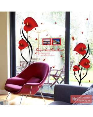 Наклейка вінілова на стіну червоні квіти з фоторамками та метеликами, зображення 4