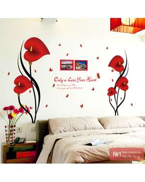 Наклейка вінілова на стіну червоні квіти з фоторамками та метеликами, зображення 5
