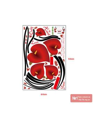 Наклейка вінілова на стіну червоні квіти з фоторамками та метеликами, зображення 6