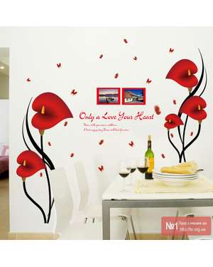 Наклейка вінілова на стіну червоні квіти з фоторамками та метеликами, зображення 7